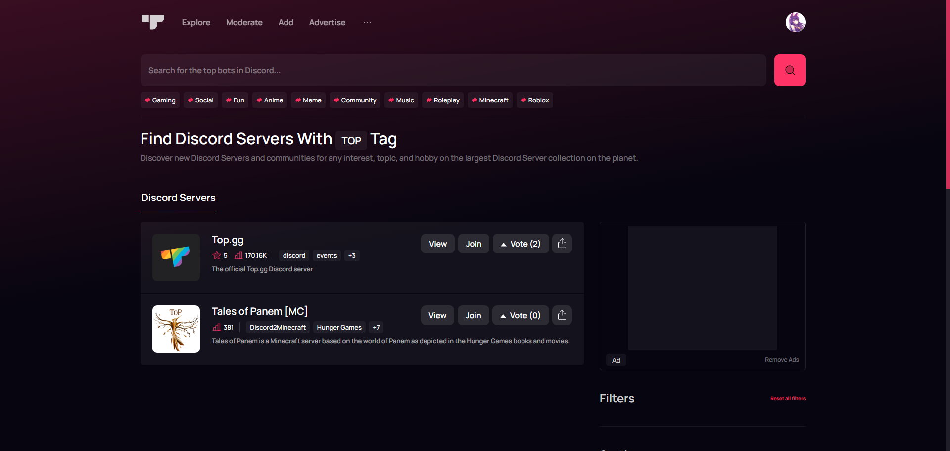 Top.gg Tag Search in Action. The screenshot shows a title stating "Find Discord Servers with TOP Tag", while the search returns two specific servers listed.